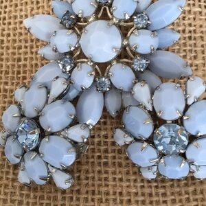 Vintage Pale Blue Opaque Glass and Rhinestone Starburst Brooch and Earrings